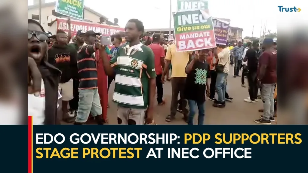 Edo Governorship Election: PDP supporters stage protest at INEC office, demand reversal of results